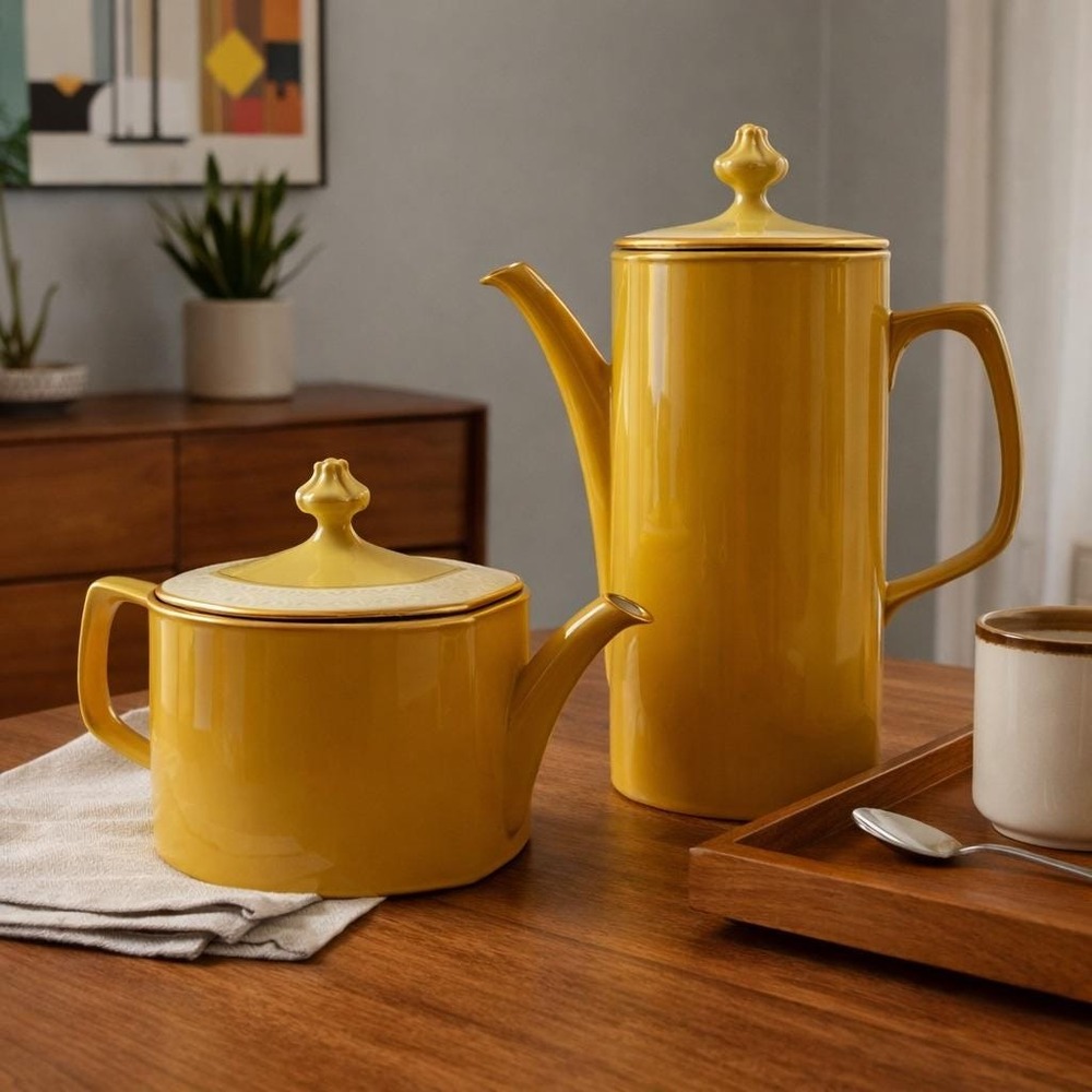 Vintage Franciscan Martinique Coffee Tea Pot Set Yellow Interpace MCM USA